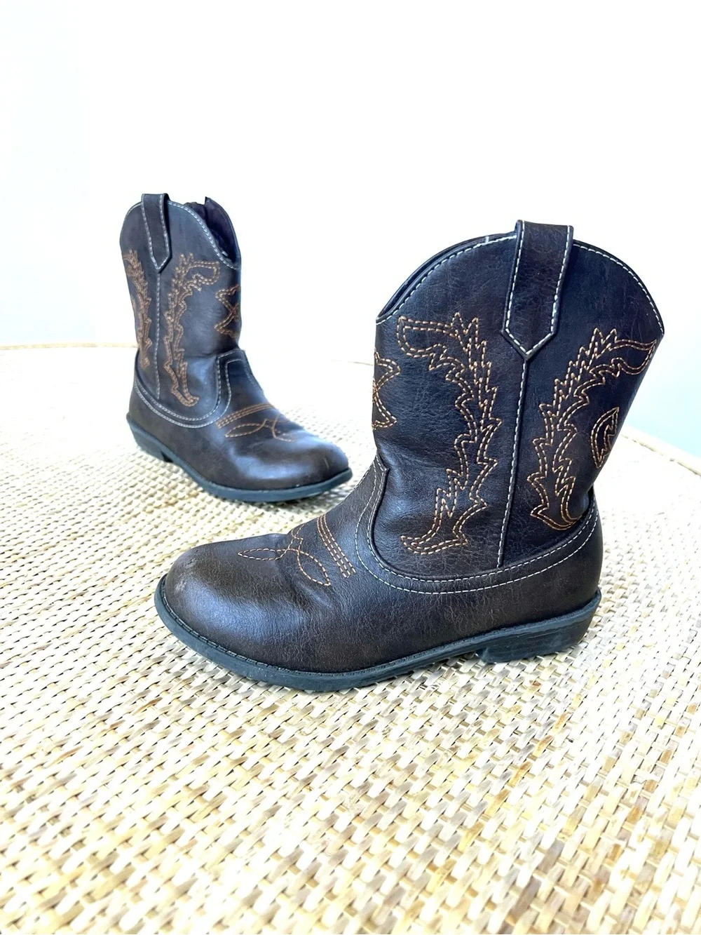 Boys Girls Cowboy Boots vegan leather brown tan contrast stitching Little Kid 11